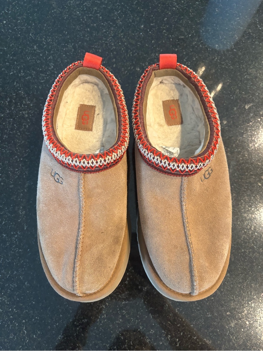 UGG Chestnut Suede Slip-On Slippers with Red Trim